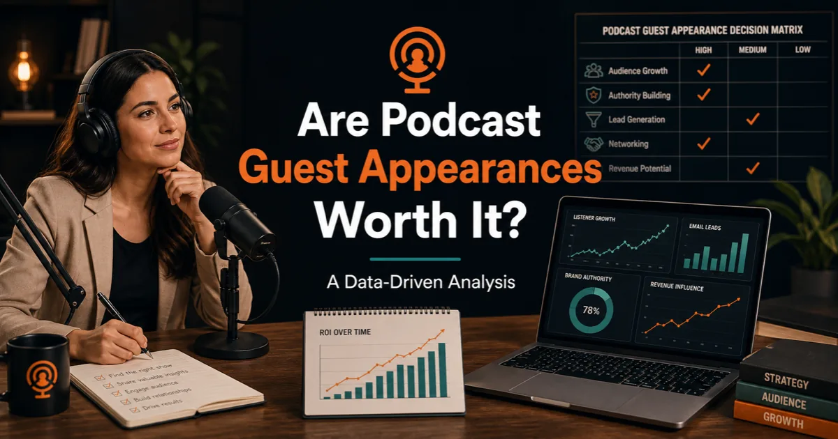 Podorax blog cover showing a creator evaluating podcast guest opportunities with a decision matrix and growth metrics for audience growth, authority, leads, networking, and revenue.