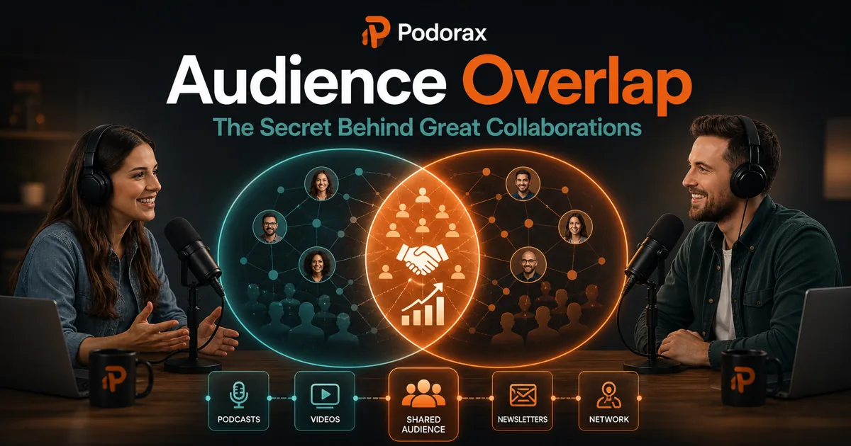 Podorax blog cover showing two creator audiences overlapping like a Venn diagram while a collaboration creates shared audience growth.