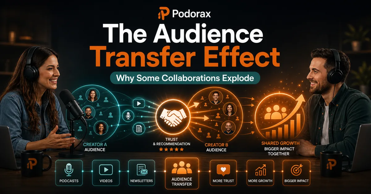 Podorax blog cover showing two creator audiences connected through trust and recommendation as shared audience growth rises.