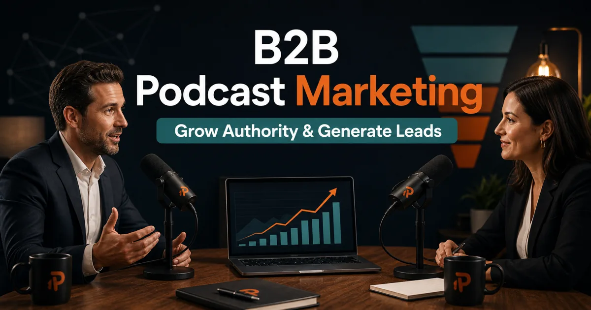 Podorax blog cover showing two business leaders recording a podcast with a growth dashboard and subtle B2B lead generation visuals.