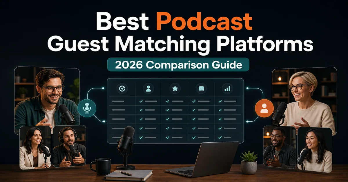 Podorax blog cover showing a modern dashboard comparing podcast guest matching platforms with hosts and guests connecting through collaboration.