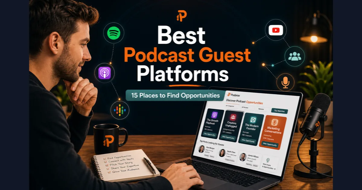 Premium Podorax blog cover showing a creator browsing podcast guest opportunities on a modern marketplace dashboard.