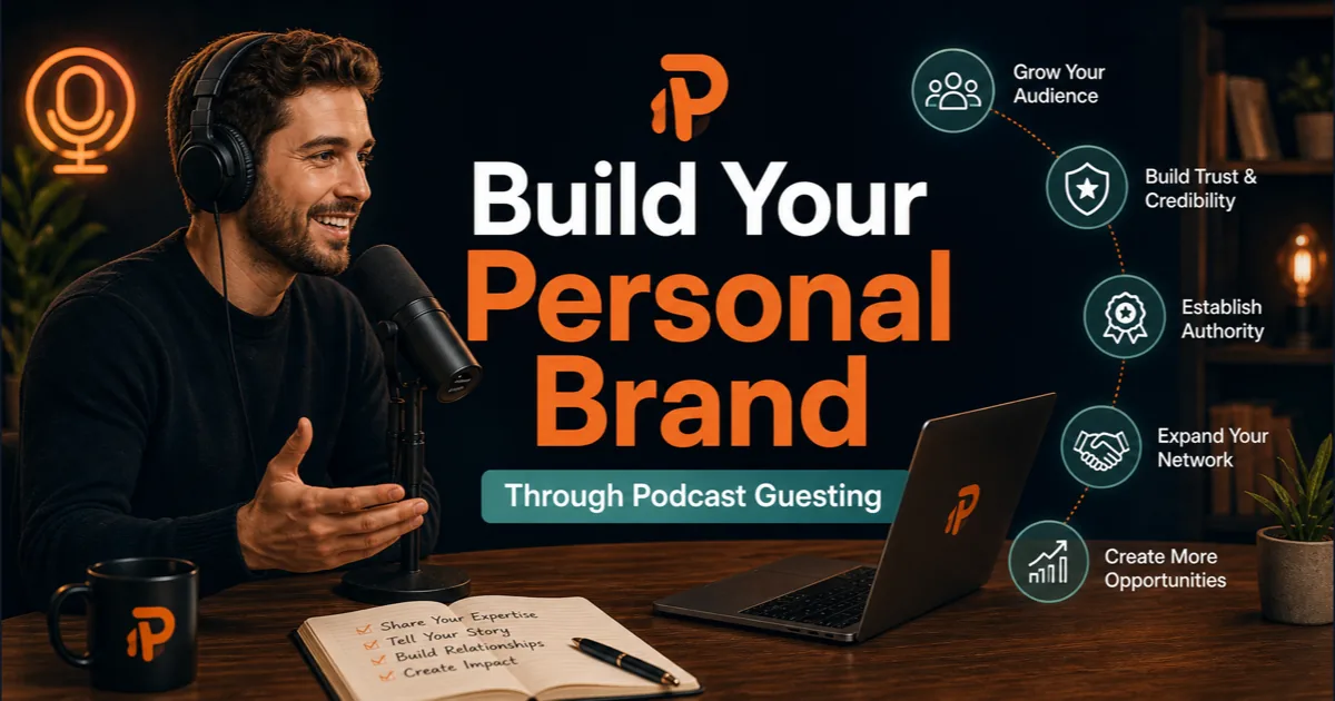 Premium Podorax blog cover showing a creator speaking on a podcast while personal brand, audience growth, trust, authority, and network signals appear around them.