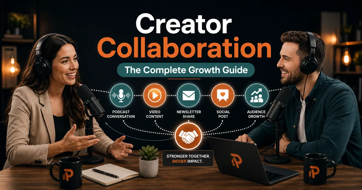 Podorax blog cover showing two creators collaborating across podcast conversations, video content, newsletters, social posts, and audience growth.