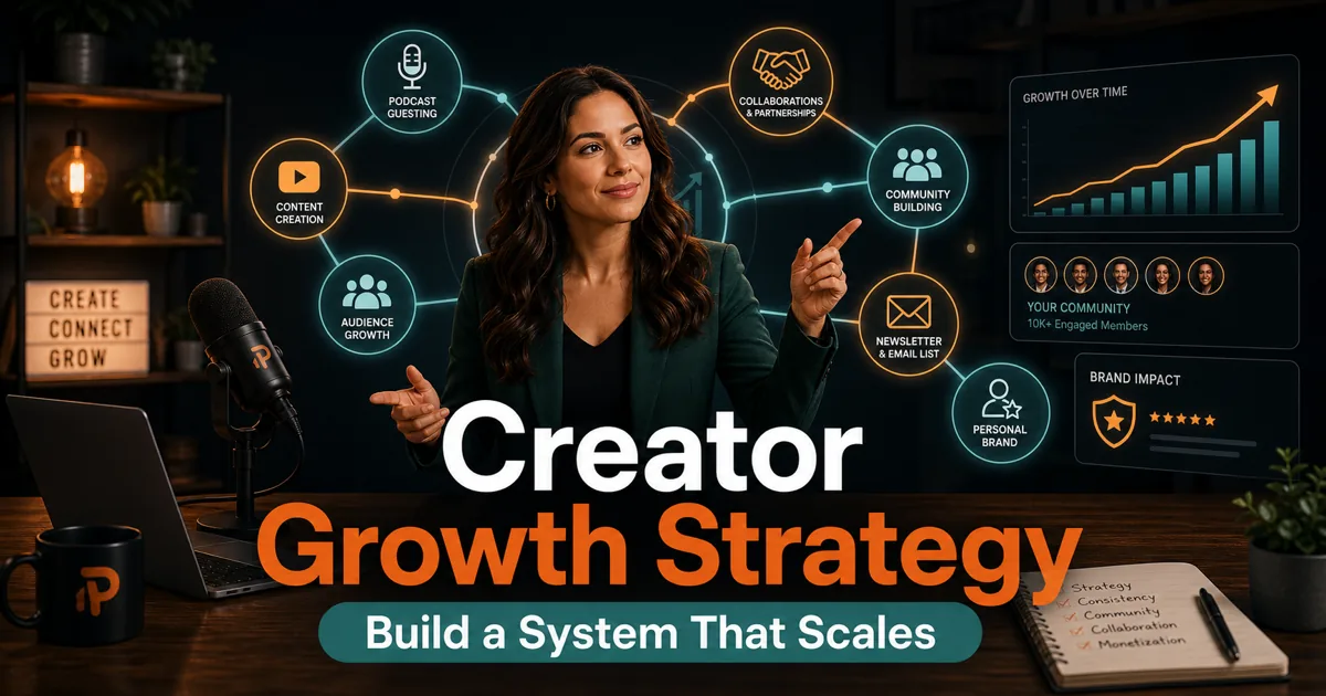 Podorax blog cover showing a creator at the center of a growth roadmap connecting content, podcast guesting, collaborations, networking, community, and personal branding.