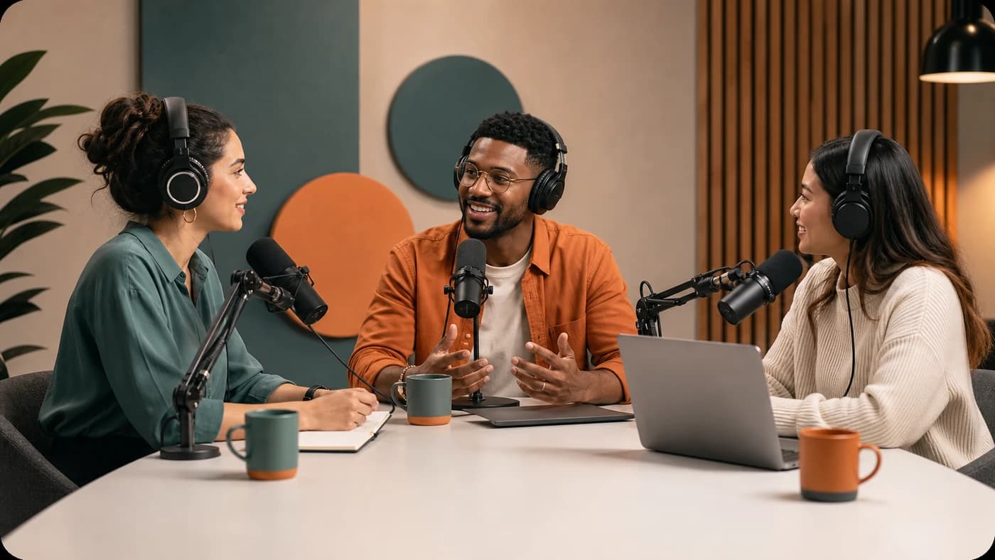 Three people sitting in a modern podcast studio recording an engaged conversation with microphones, headphones, notes, and a laptop.