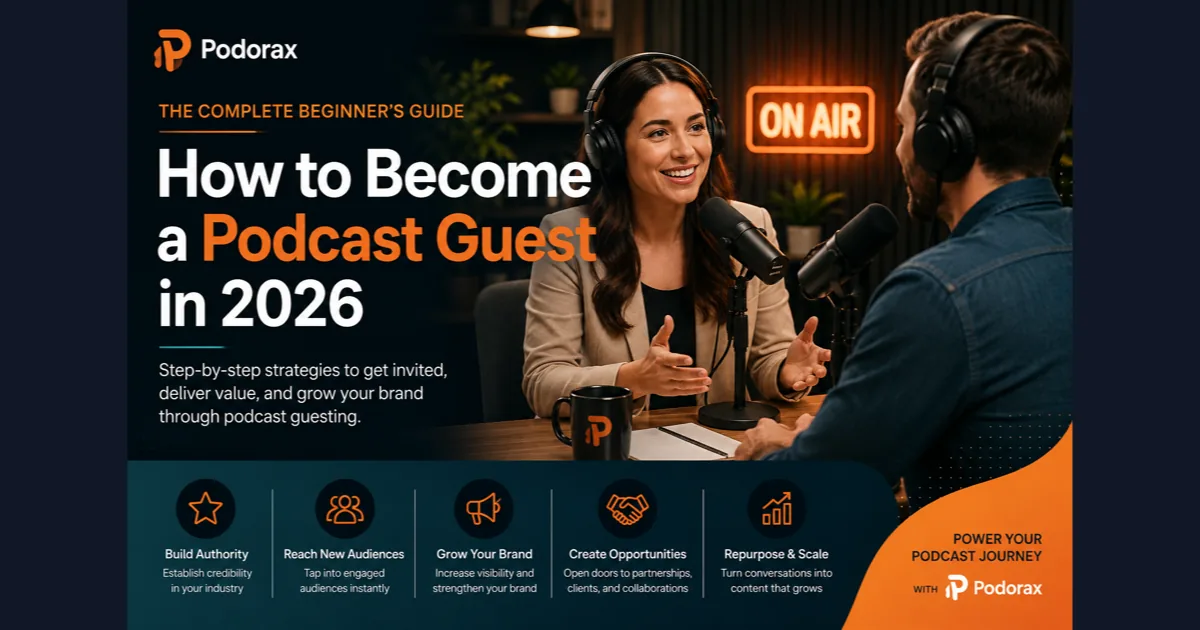 Podorax podcast studio graphic showing a creator being interviewed for a beginner guide on how to become a podcast guest in 2026.