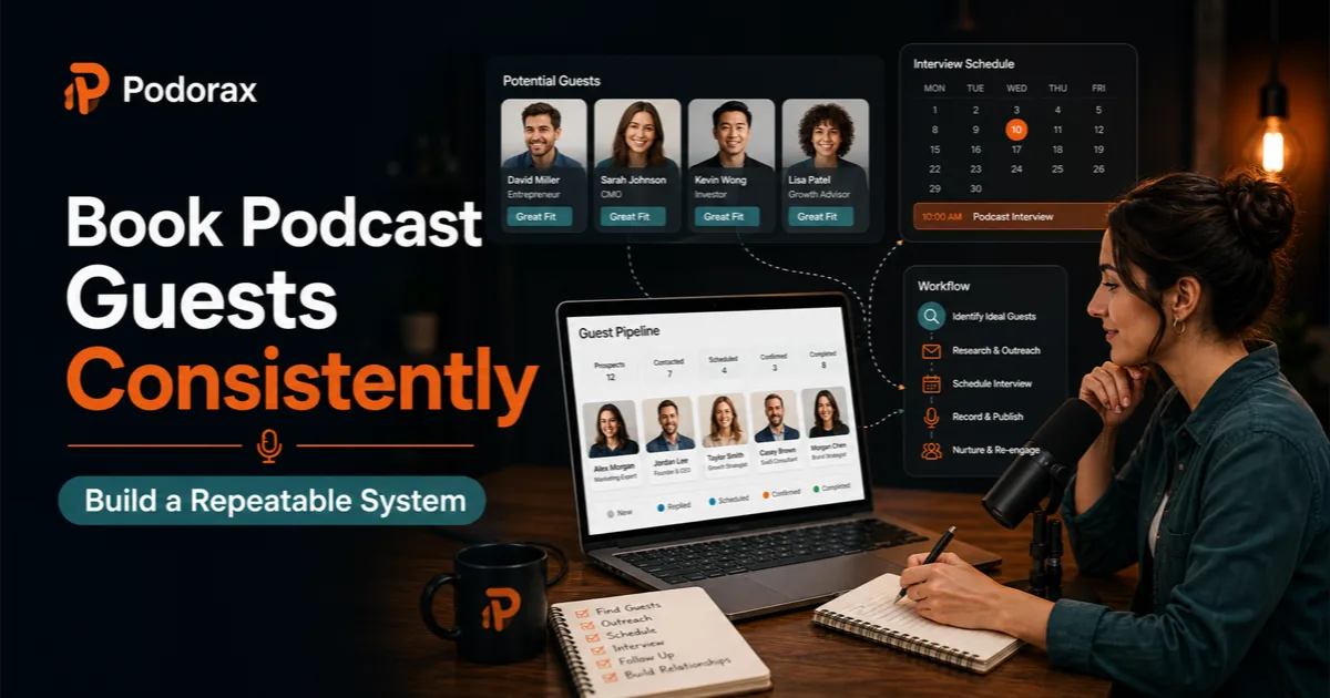 Podorax blog cover showing a podcast host managing guest profiles, scheduling, and a booking workflow on a laptop.
