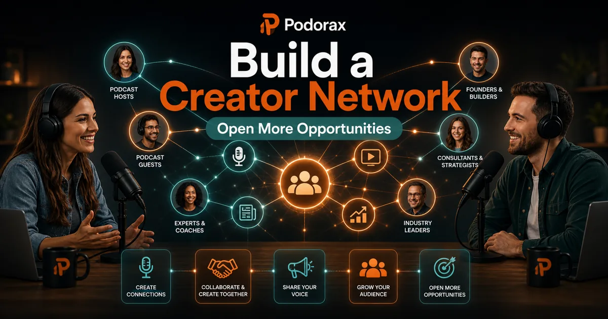 Podorax blog cover showing creators, podcast hosts, podcast guests, founders, consultants, and experts connected through a professional creator network.