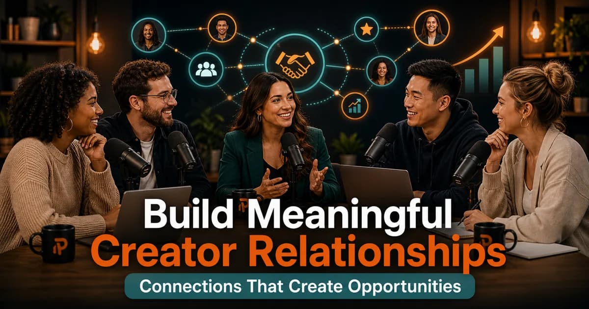 Podorax blog cover showing creators, founders, hosts, and experts building authentic professional relationships around a podcast table.