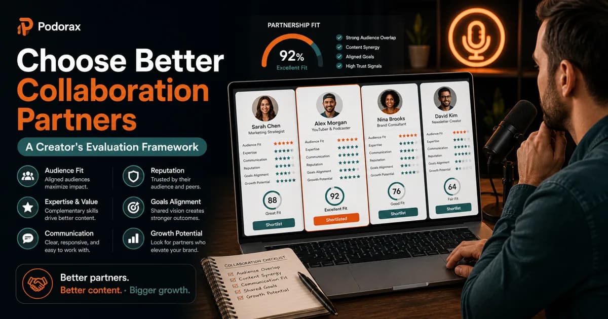 Podorax blog cover showing a creator evaluating potential collaboration partners with audience fit, expertise, communication, reputation, goals, and growth scores.