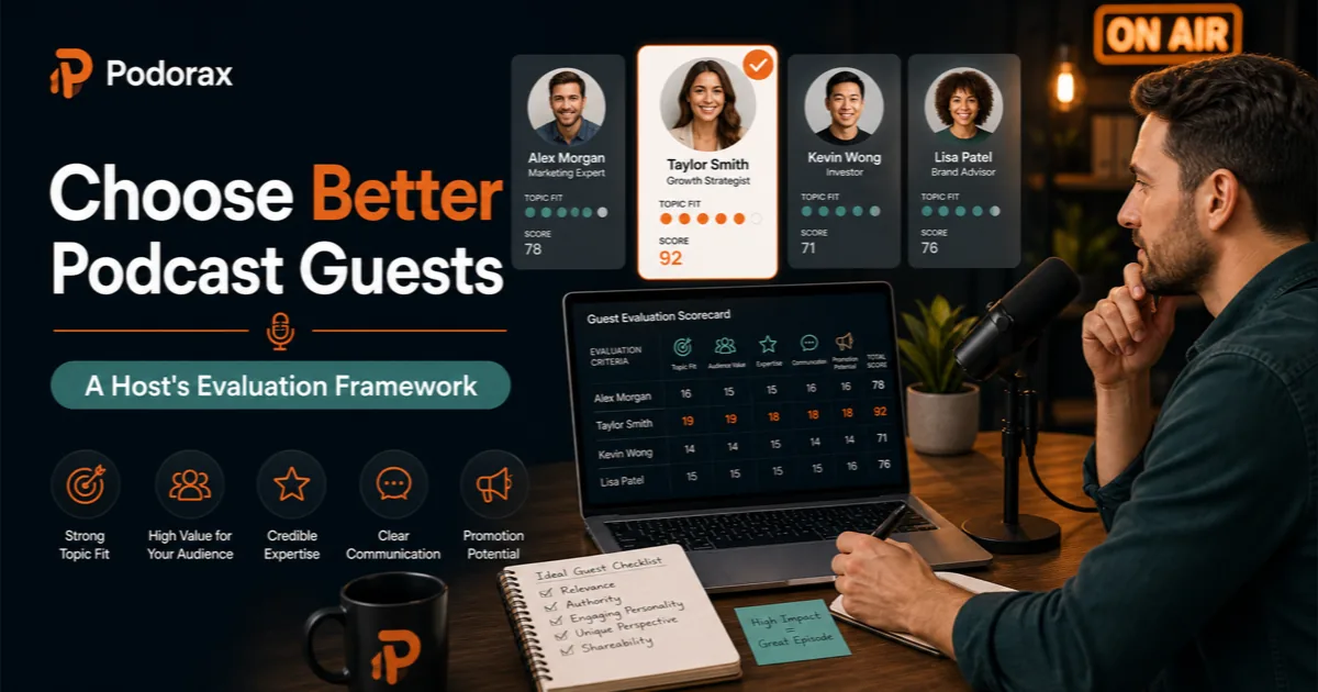 Podorax blog cover showing a podcast host reviewing guest profiles and a scoring matrix to choose the best podcast guest.