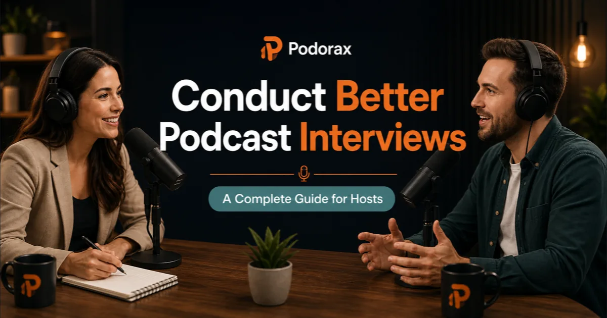 Podorax blog cover showing a podcast host leading an engaging interview with a guest in a professional studio.
