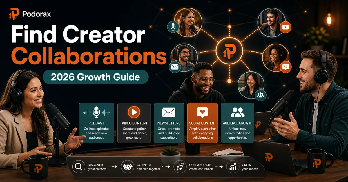 Podorax blog cover showing multiple creators connected through podcast, video, newsletter, social content, and audience growth collaboration opportunities.