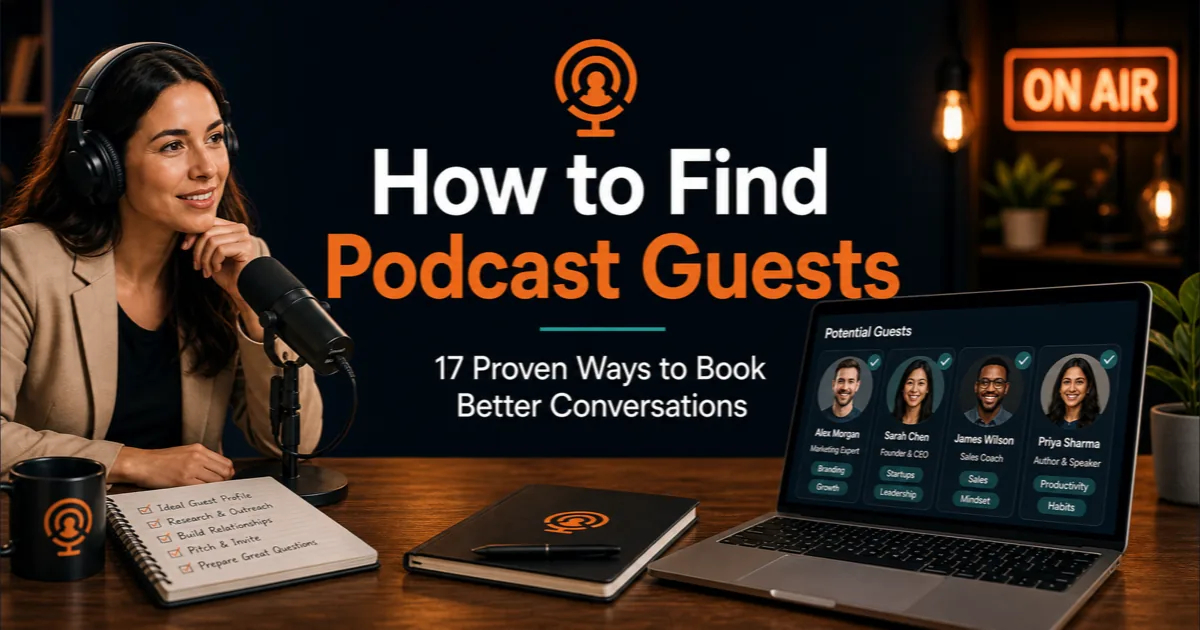 Podorax blog cover showing a podcast host reviewing potential guests on a laptop while preparing interview notes in a professional studio.