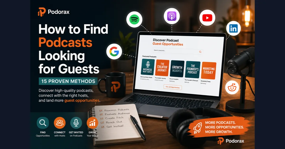 Podorax creator workspace graphic showing a laptop used to discover podcast guest opportunities across search, social, and podcast platforms.