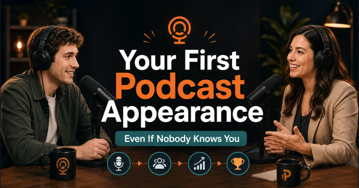 Premium Podorax blog cover showing a beginner creator sitting in a podcast studio for their first guest appearance.