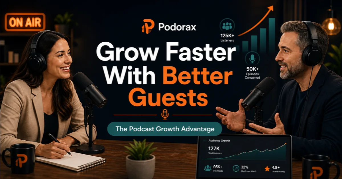 Podorax blog cover showing a podcast host interviewing a high-quality guest with audience growth charts in the background.