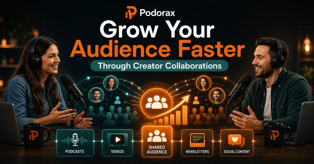 Podorax blog cover showing two creators collaborating while their audiences merge and grow through podcasts, newsletters, videos, and social content.