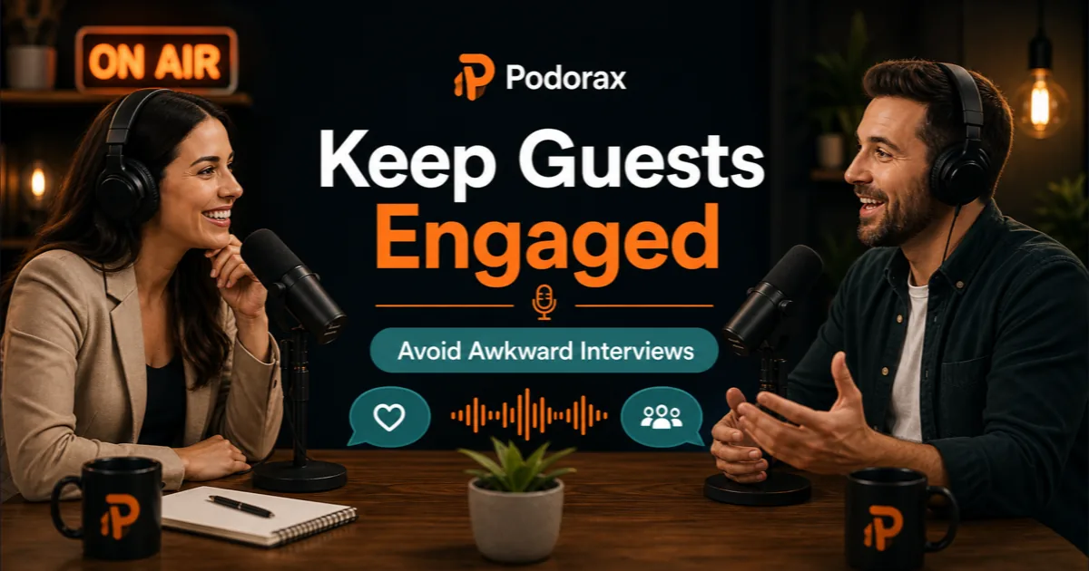 Podorax blog cover showing a podcast host and guest smiling during an engaged studio conversation.