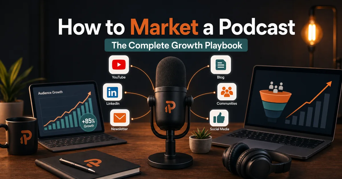 Podorax blog cover showing a podcast microphone surrounded by YouTube, LinkedIn, newsletter, blog, community, social media, and audience growth visuals.