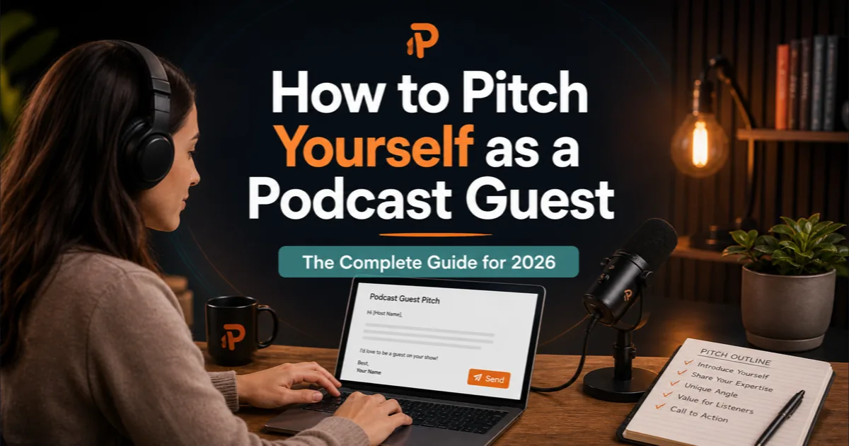 Premium Podorax blog cover showing a creator sending a podcast guest pitch from a laptop with a microphone nearby.