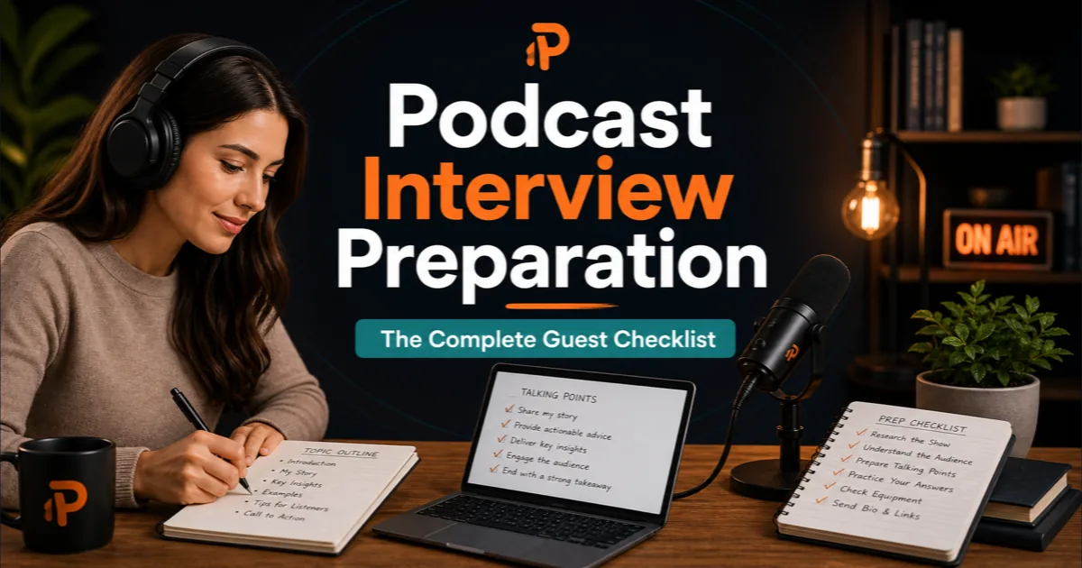Premium Podorax blog cover showing a creator preparing notes before a podcast interview with a microphone, laptop, and checklist.