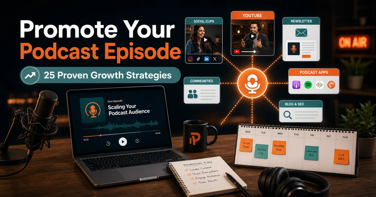 Podorax blog cover showing a podcast episode promotion workflow across social clips, YouTube, newsletters, communities, podcast apps, and blog SEO.