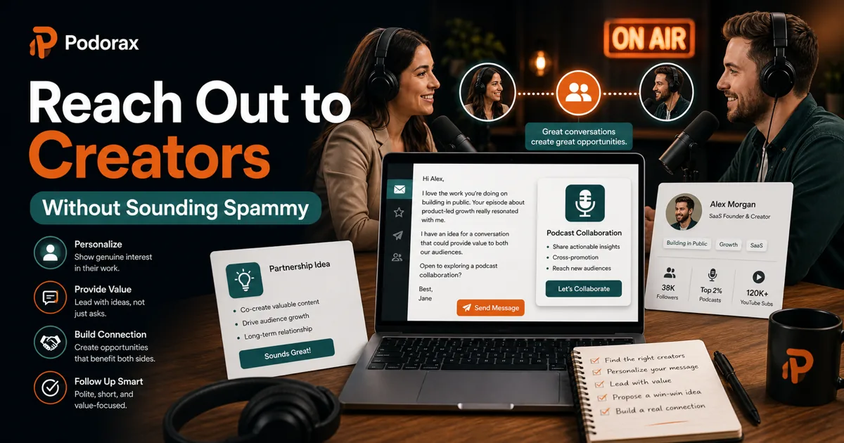 Podorax blog cover showing two creators connecting through a professional collaboration message, podcast invitation, and creator partnership cards.