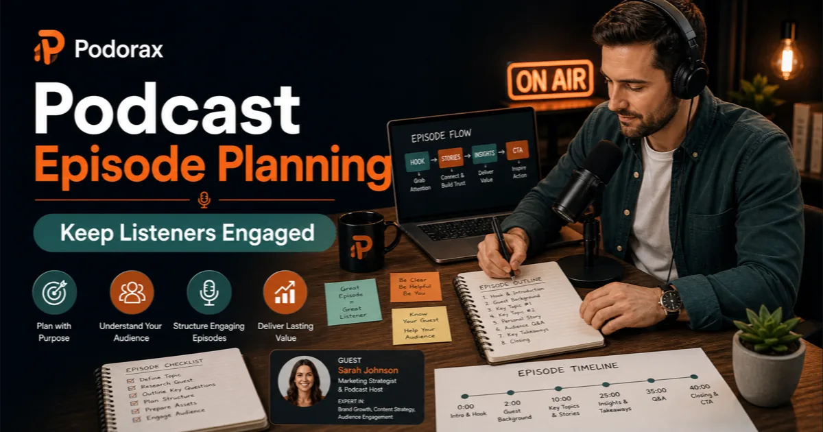 Podorax blog cover showing a podcast host planning an interview episode with notes, a guest profile, timeline, and microphone.