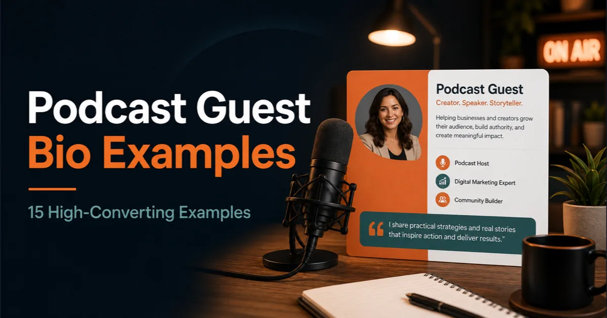 Premium Podorax blog cover showing a professional creator profile card beside a podcast microphone for podcast guest bio examples.