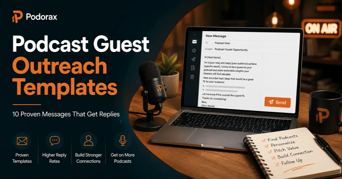 Podorax podcast guest outreach templates cover image showing a laptop email draft, podcast microphone, and workspace for pitching podcast hosts.