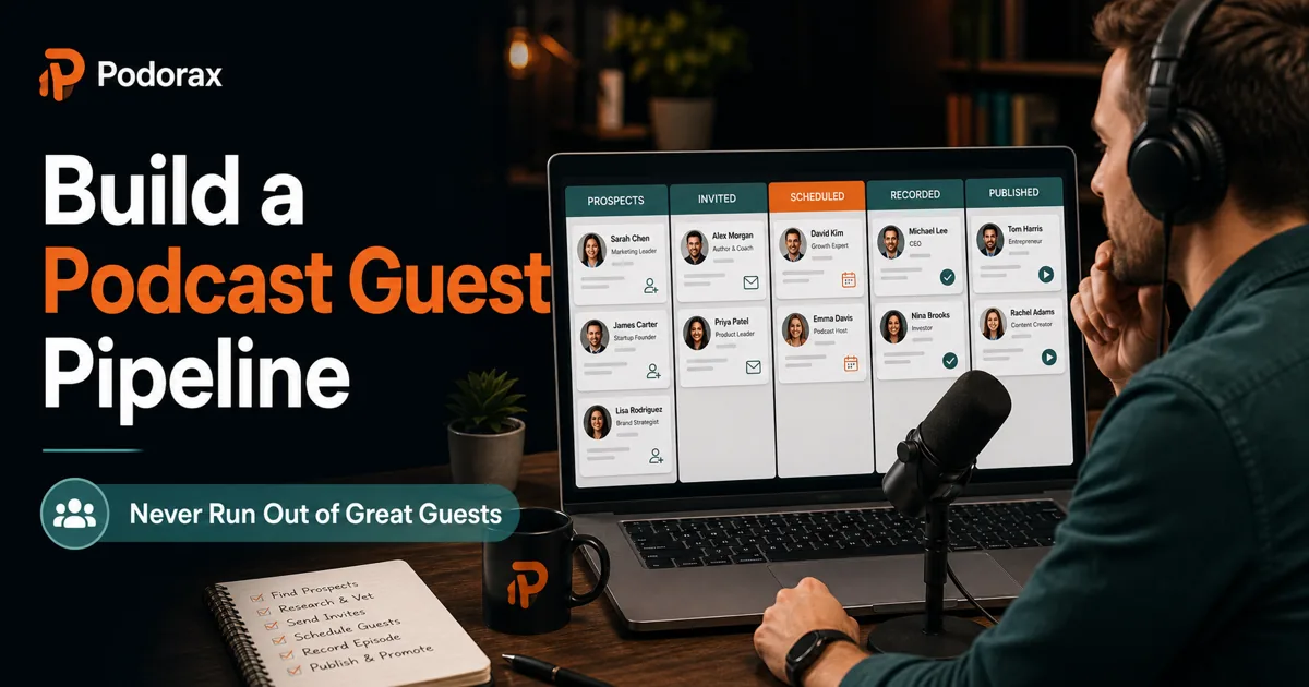 Podorax blog cover showing a podcast host managing a guest pipeline board with prospects, invited, scheduled, recorded, and published stages.