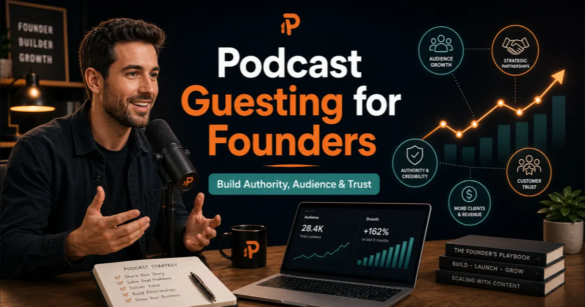 Premium Podorax blog cover showing a startup founder speaking into a podcast microphone with business growth charts and audience trust indicators.