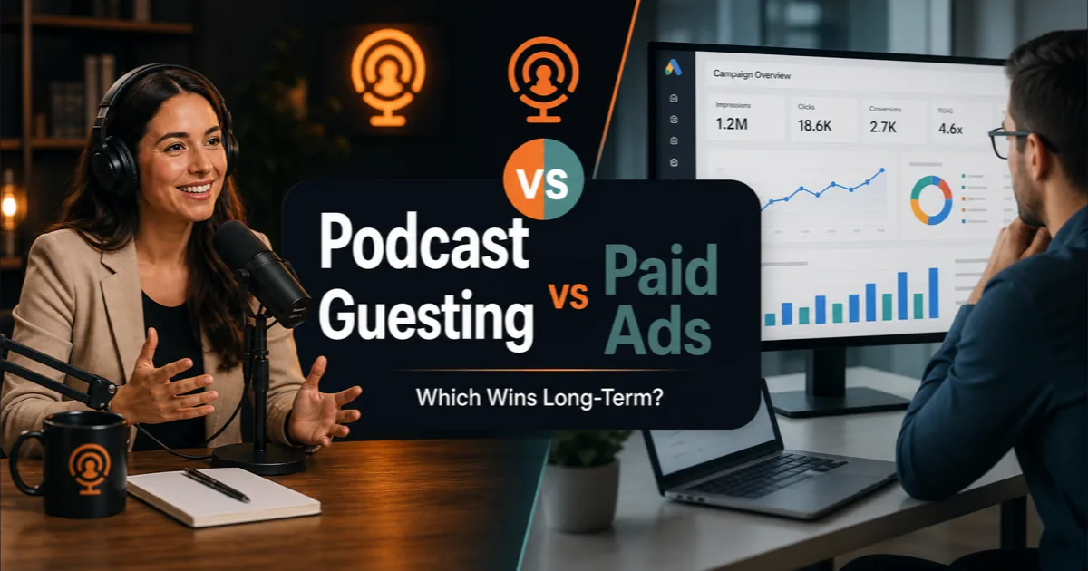 Podorax blog cover with a split-screen comparison between podcast guesting and paid advertising, showing a podcast guest on one side and an advertising dashboard on the other.