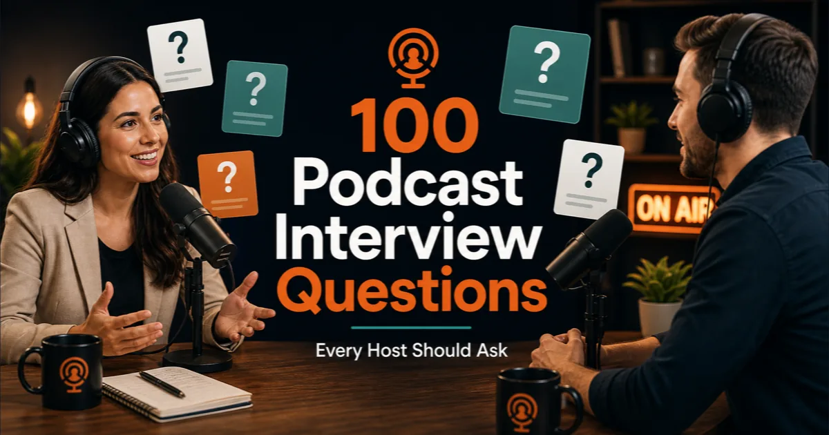 Podorax blog cover showing a podcast host interviewing a guest with question cards floating around a professional studio scene.