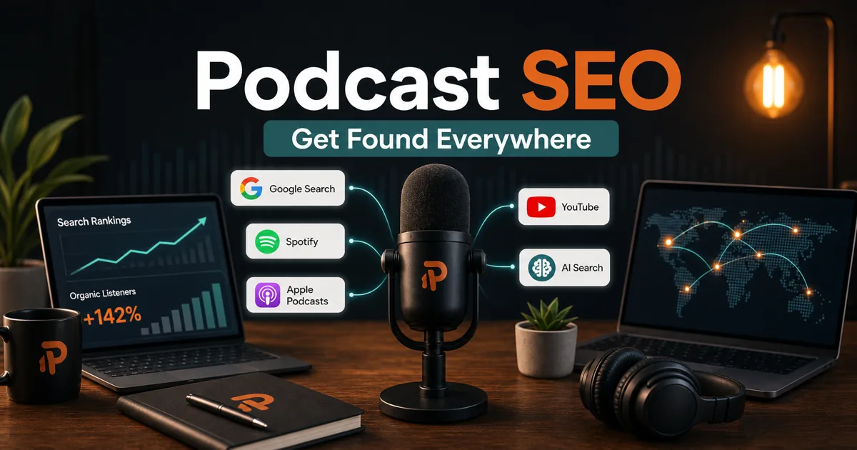 Podorax blog cover showing a podcast microphone with Google Search, Spotify, Apple Podcasts, YouTube, AI Search, search rankings, and analytics visuals.