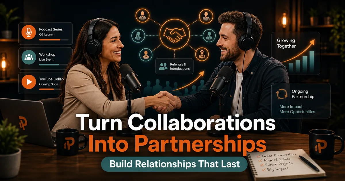 Podorax blog cover showing two podcast creators shaking hands after a successful recording while future projects, referrals, and growth appear behind them.