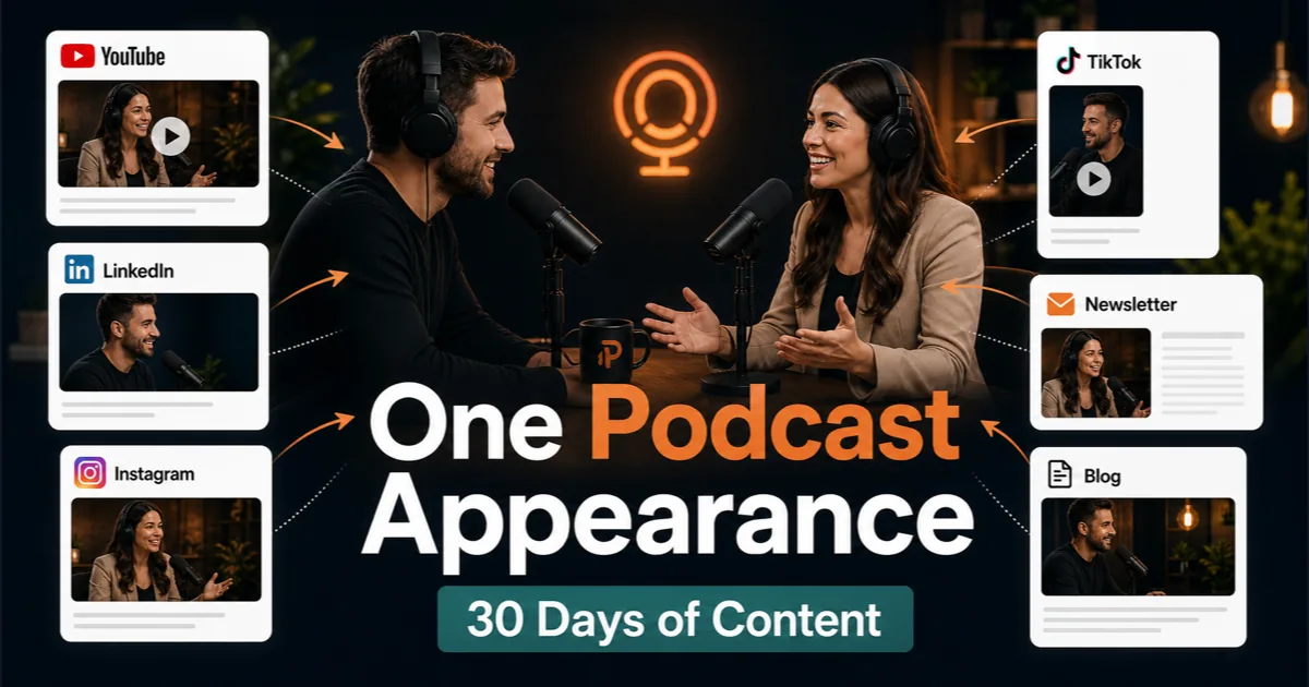 Premium Podorax blog cover showing a podcast interview being repurposed into YouTube, LinkedIn, Instagram, TikTok, newsletter, and blog content.