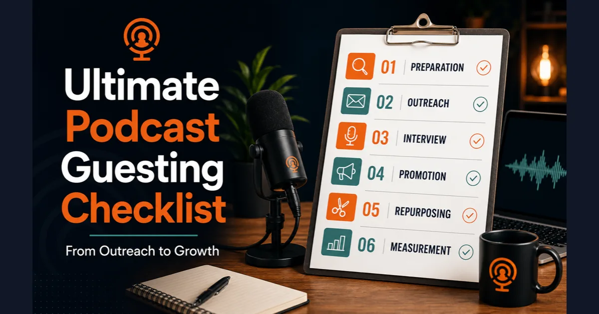 Podorax blog cover showing an ultimate podcast guesting checklist beside a podcast microphone, laptop, notebook, and professional creator workspace.